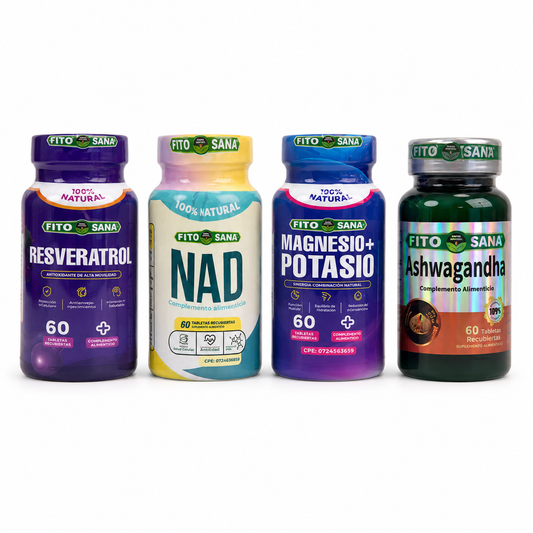 Combo Longevidad: NAD+ · Resveratrol · Ashwagandha · Citrato de Magnesio